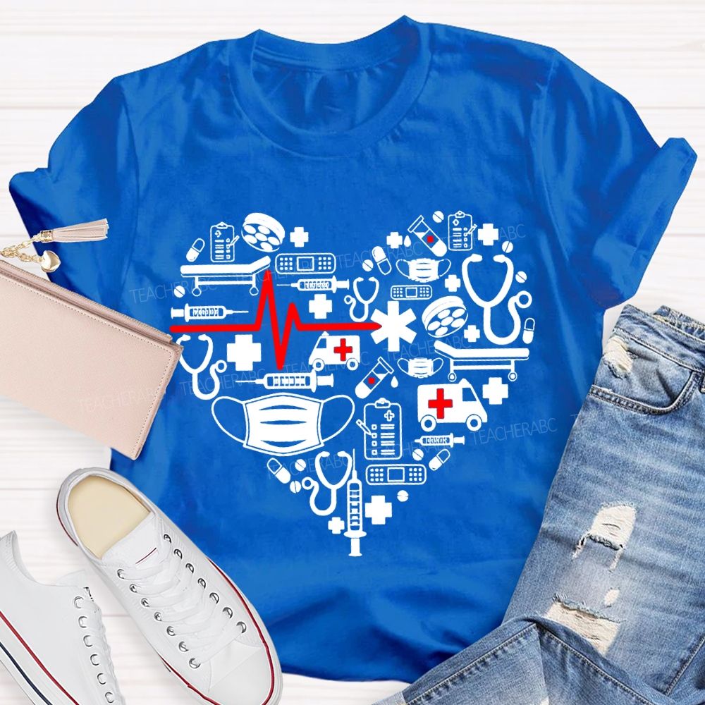School Nurse Ambulance Face Mask Heart Print T-shirt