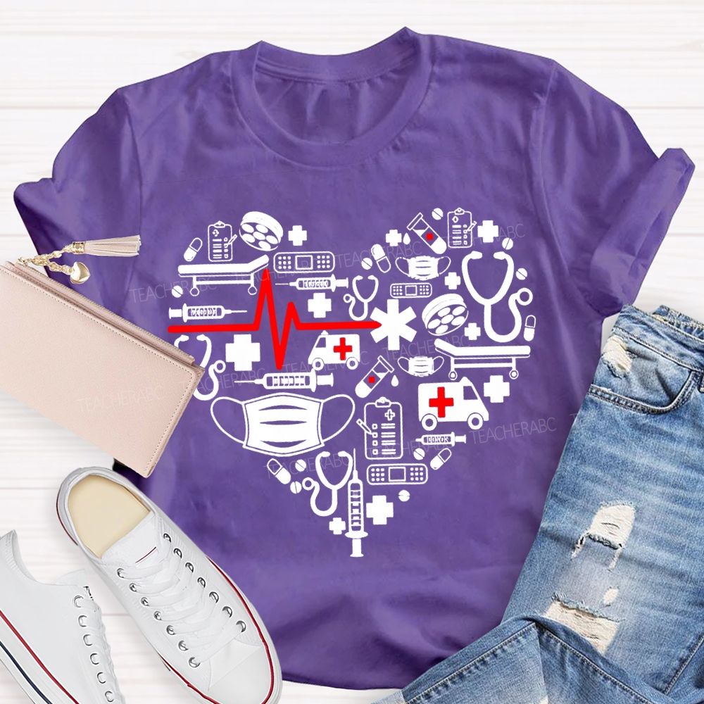 School Nurse Ambulance Face Mask Heart Print T-shirt