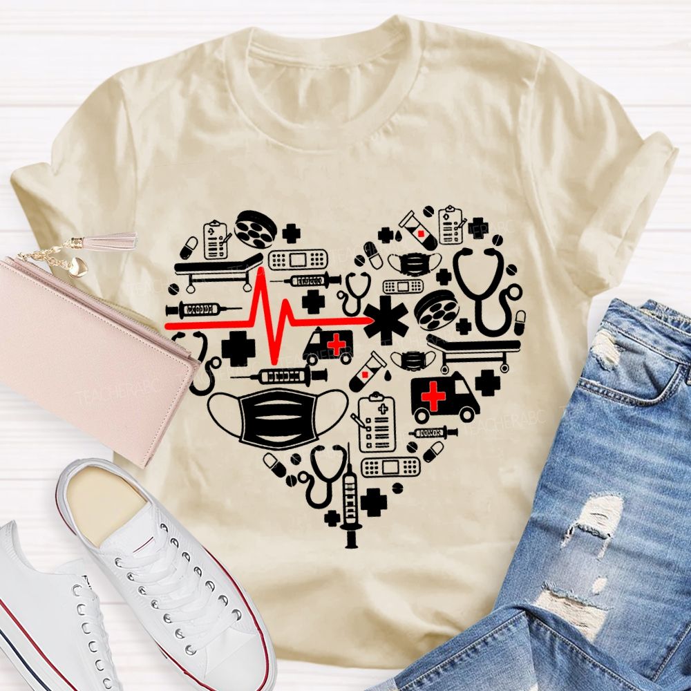 School Nurse Ambulance Face Mask Heart Print T-shirt