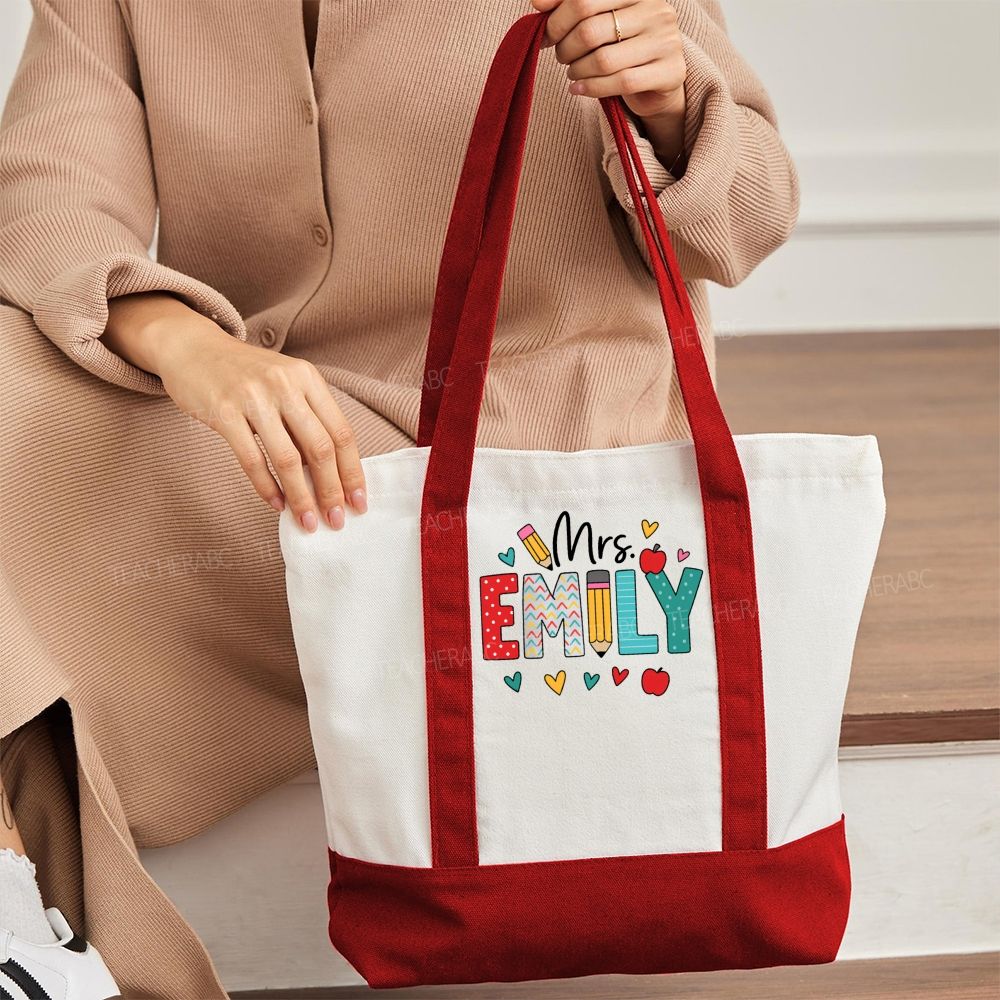 Personalized Name Apple Heart Teachers Daily Color-blocked Canvas Bag