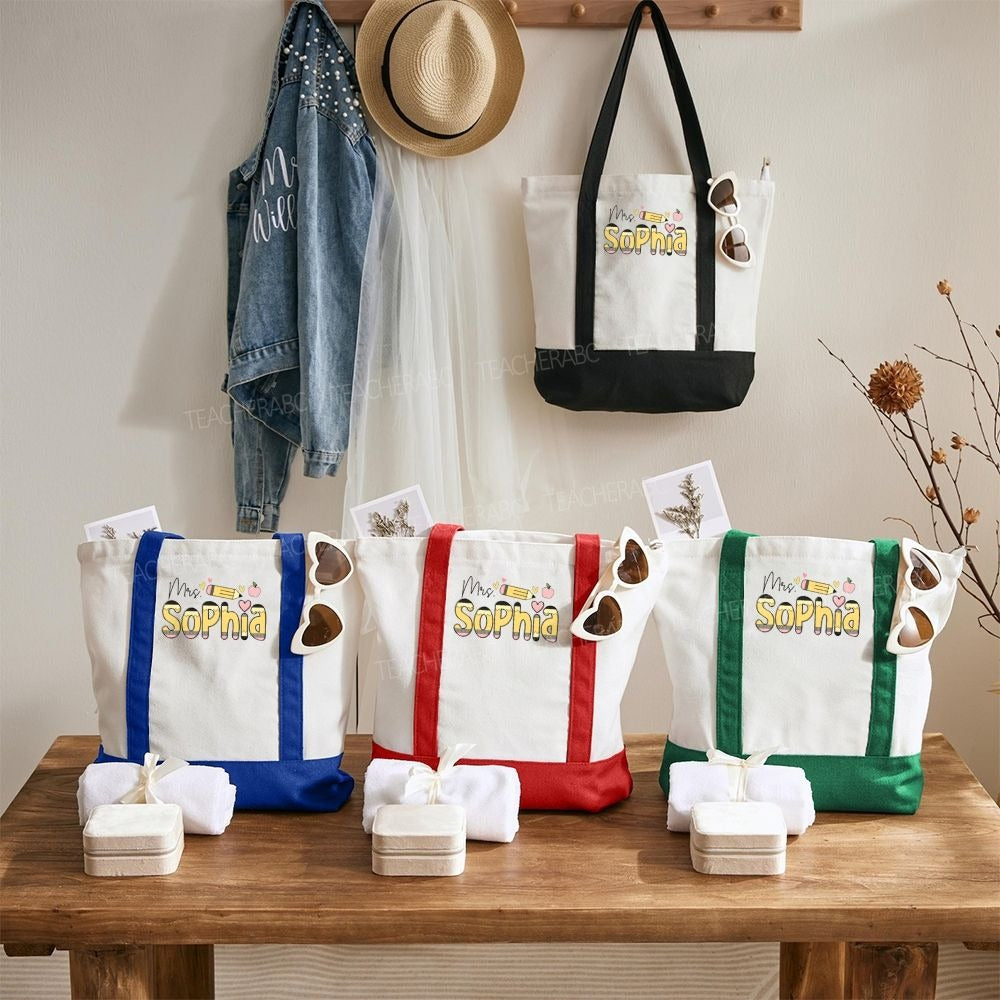 Personalized Name Pencil Pink Apple Daily Color-Blocked Canvas Bag