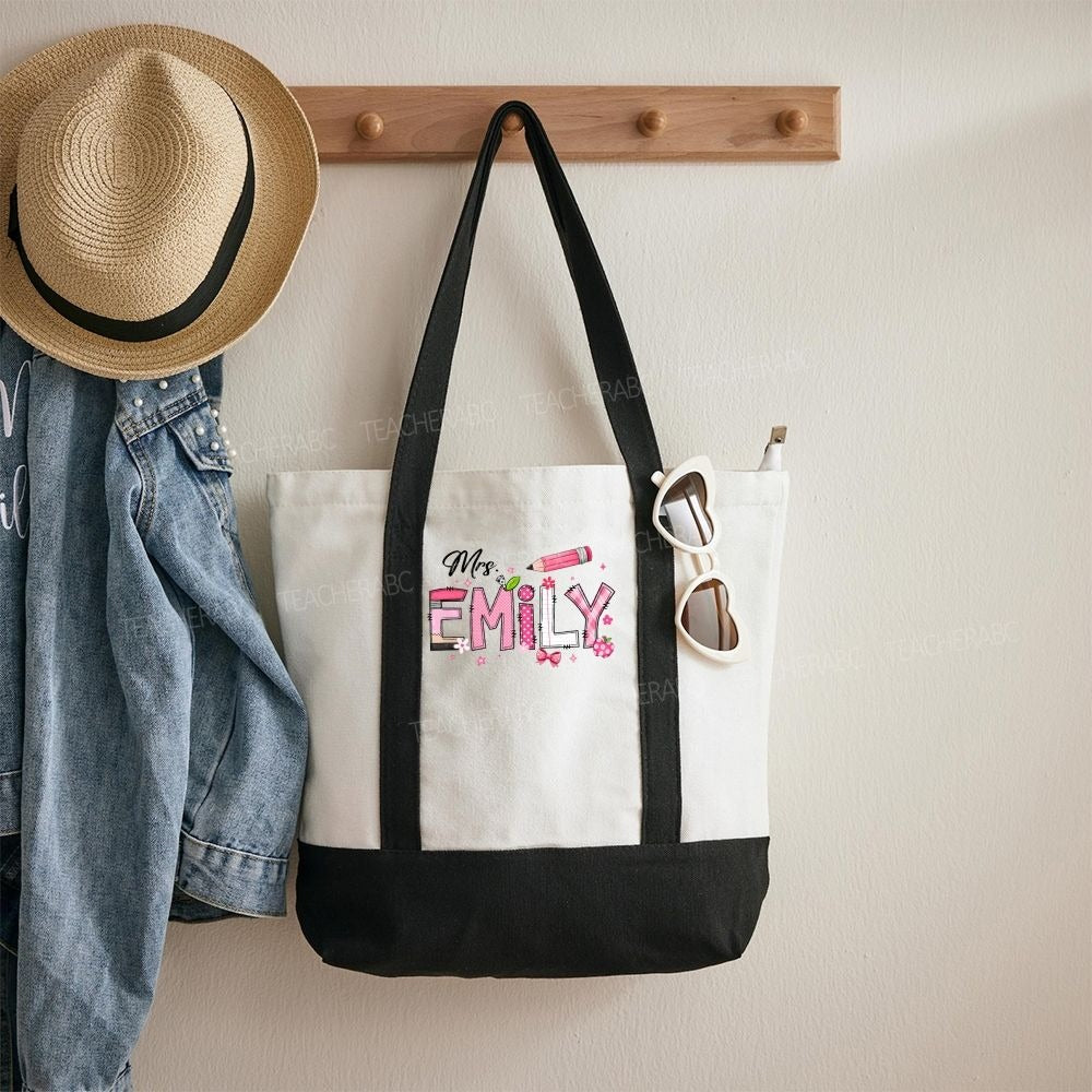 Personalized Name Pink Polka Dot Plaid Design Daily Color-Blocked Canvas Bag