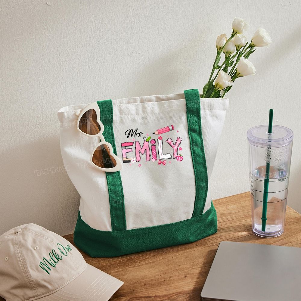 Personalized Name Pink Polka Dot Plaid Design Daily Color-Blocked Canvas Bag