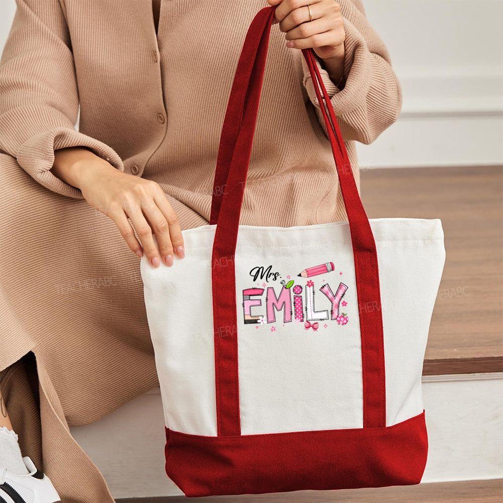 Personalized Name Pink Polka Dot Plaid Design Daily Color-Blocked Canvas Bag