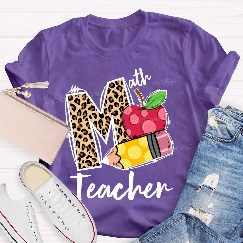 Math Teacher Leopard Print Font And Apple Pencil T-shirt