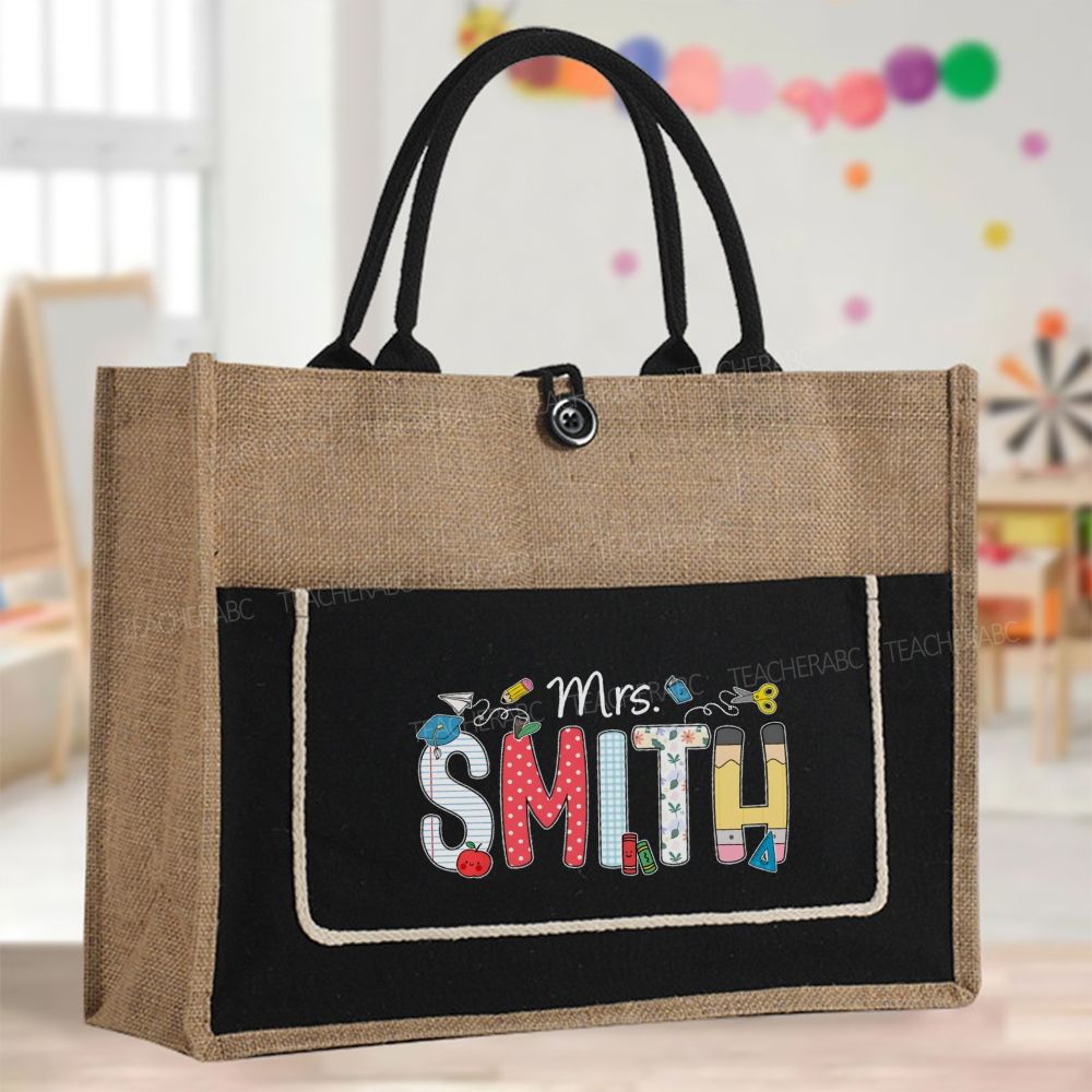 Personalized Name Strip Dot Color-Blocking Teacher Tote Bag