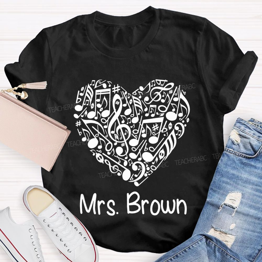 Personalized Name Music Teacher Heart-Shaped Musical Notes T-shirt
