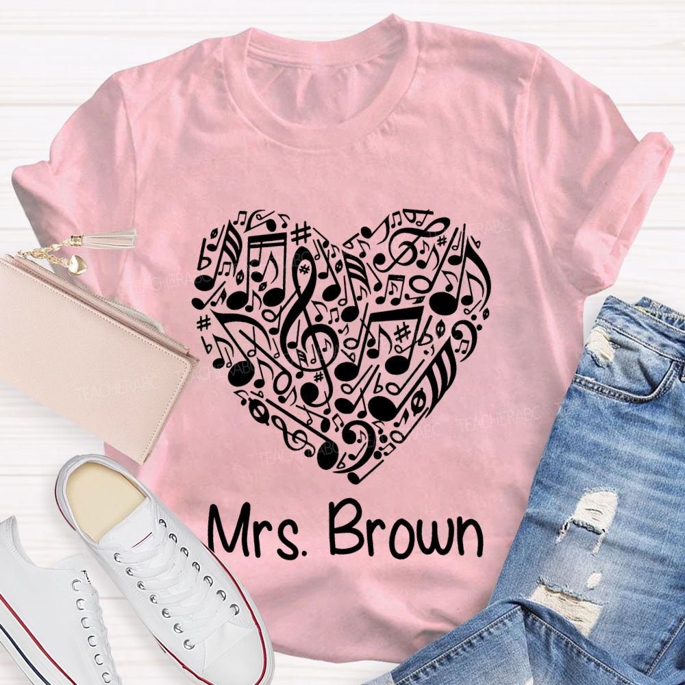 Personalized Name Music Teacher Heart-Shaped Musical Notes T-shirt