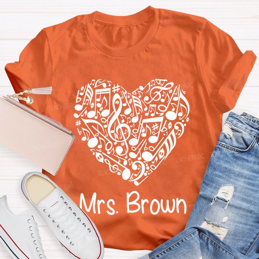 Personalized Name Music Teacher Heart-Shaped Musical Notes T-shirt