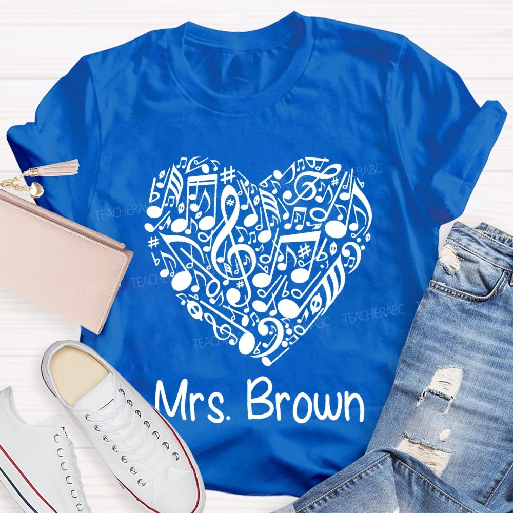 Personalized Name Music Teacher Heart-Shaped Musical Notes T-shirt
