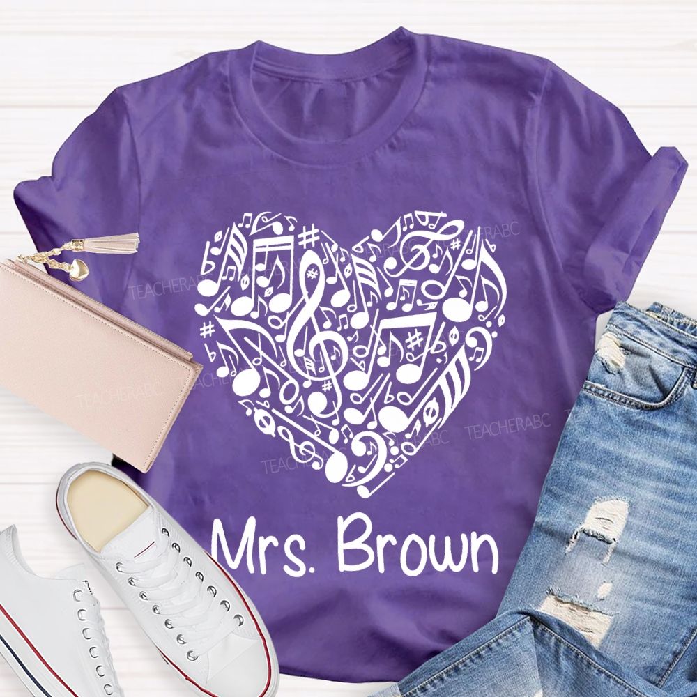 Personalized Name Music Teacher Heart-Shaped Musical Notes T-shirt