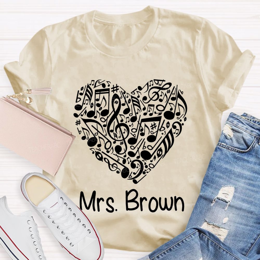 Personalized Name Music Teacher Heart-Shaped Musical Notes T-shirt