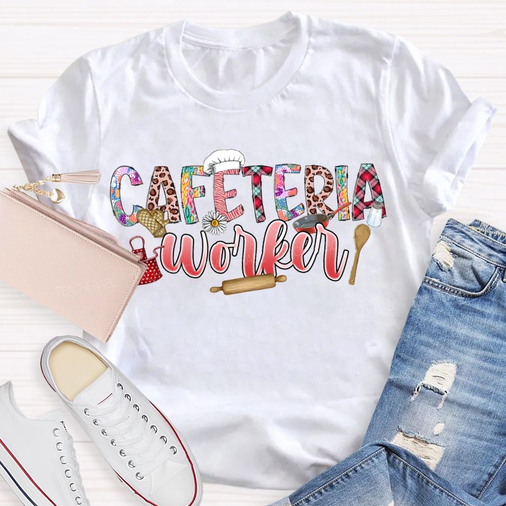 Cafeteria Worker Leopard Print Font And Kitchenware T-shirt