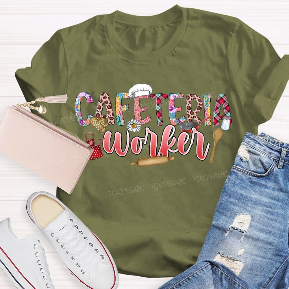 Cafeteria Worker Leopard Print Font And Kitchenware T-shirt