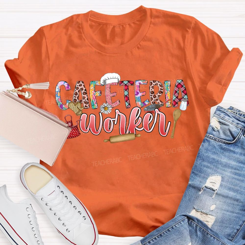 Cafeteria Worker Leopard Print Font And Kitchenware T-shirt