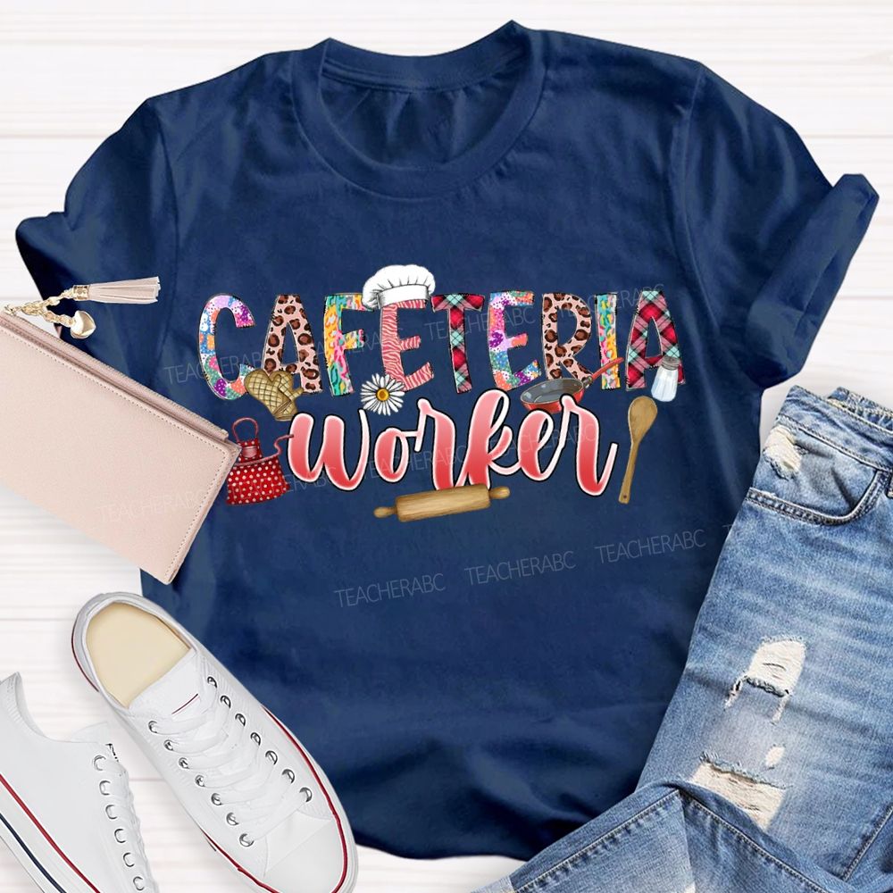 Cafeteria Worker Leopard Print Font And Kitchenware T-shirt