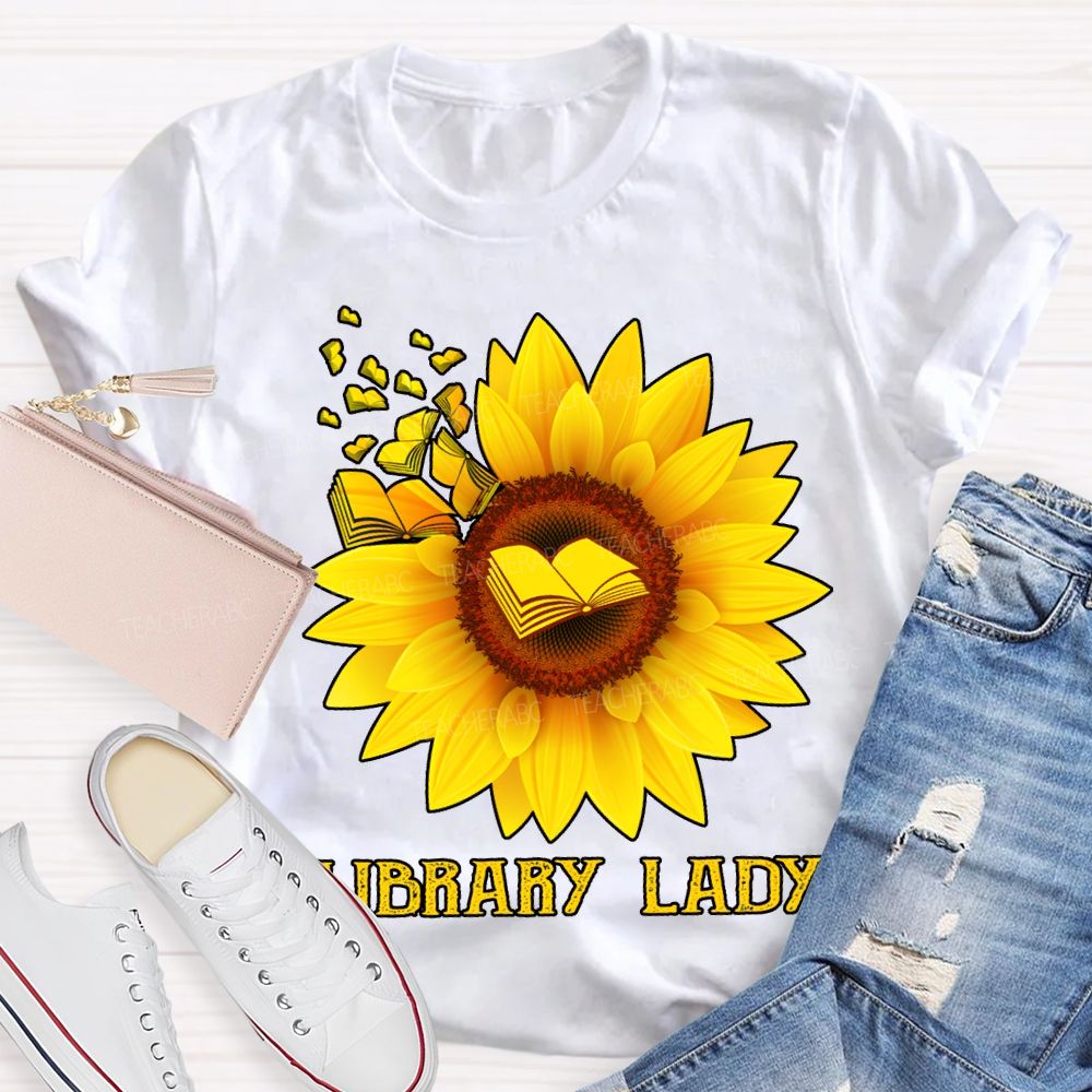 Library Lady Sunflower Print On Books T-shirt