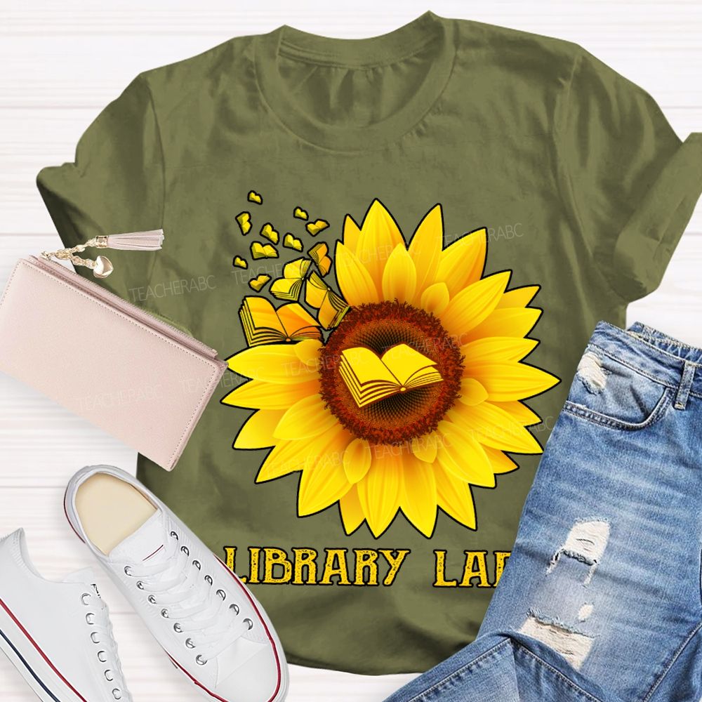 Library Lady Sunflower Print On Books T-shirt