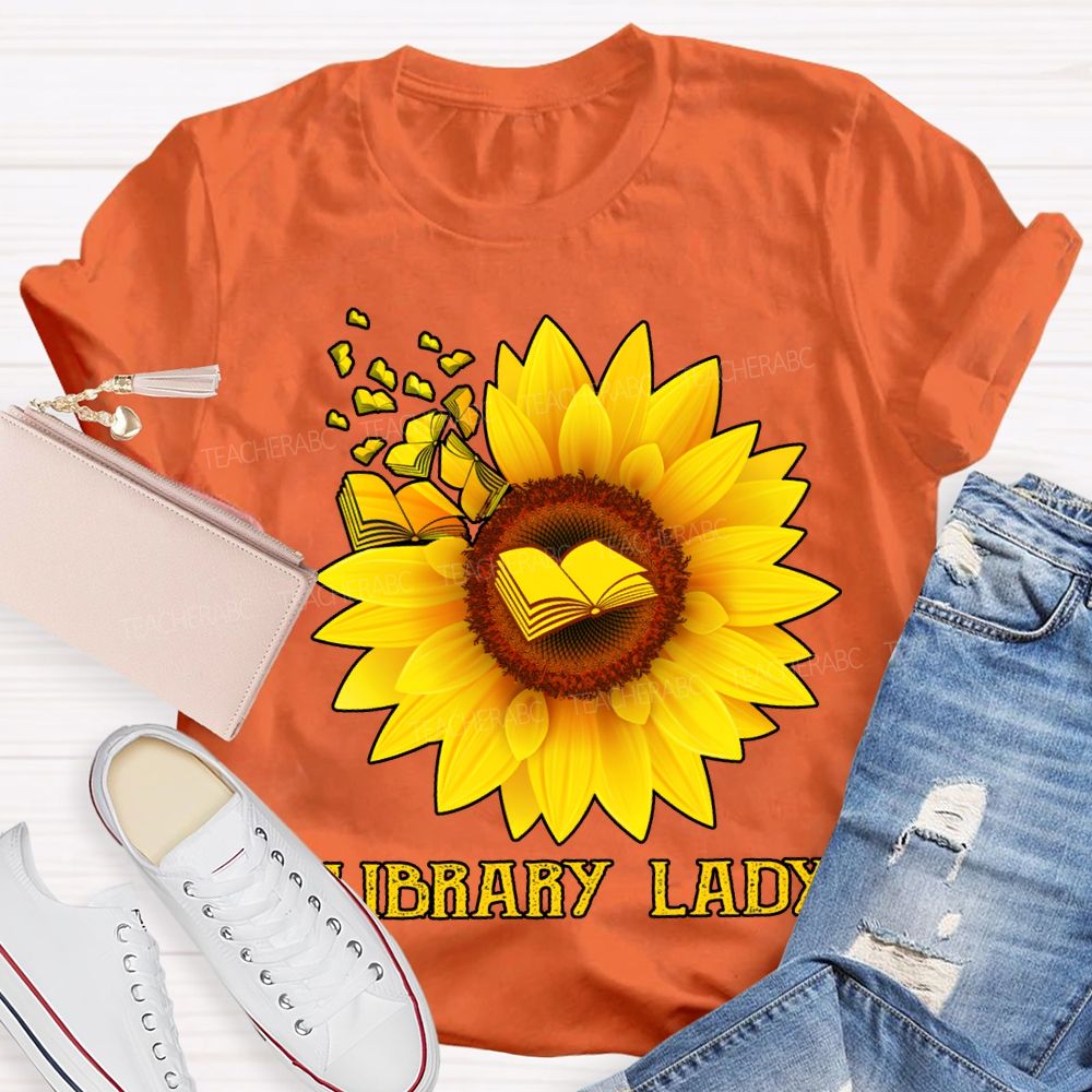 Library Lady Sunflower Print On Books T-shirt