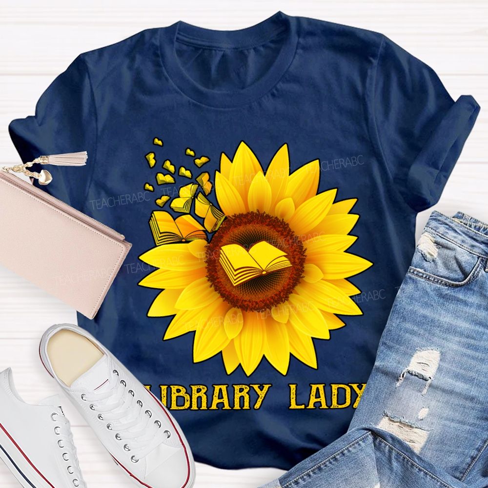 Library Lady Sunflower Print On Books T-shirt