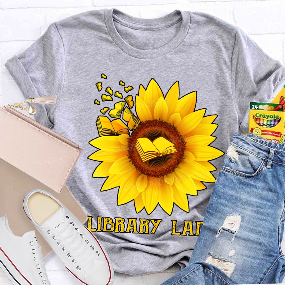 Library Lady Sunflower Print On Books T-shirt