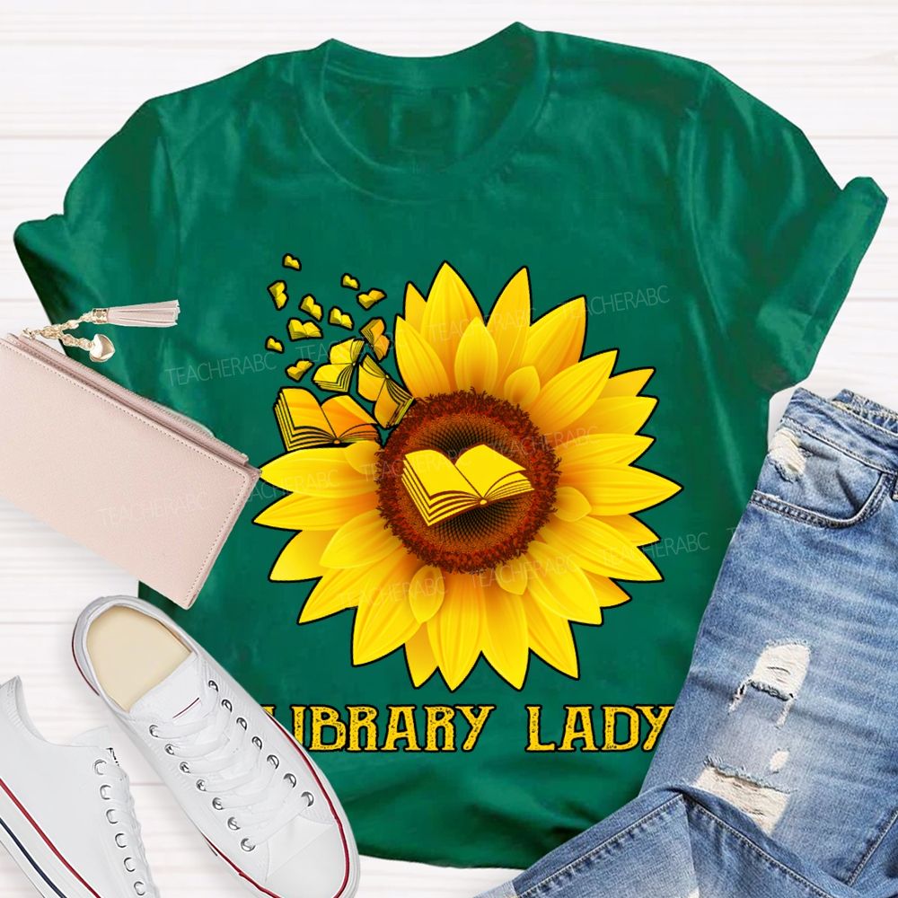 Library Lady Sunflower Print On Books T-shirt