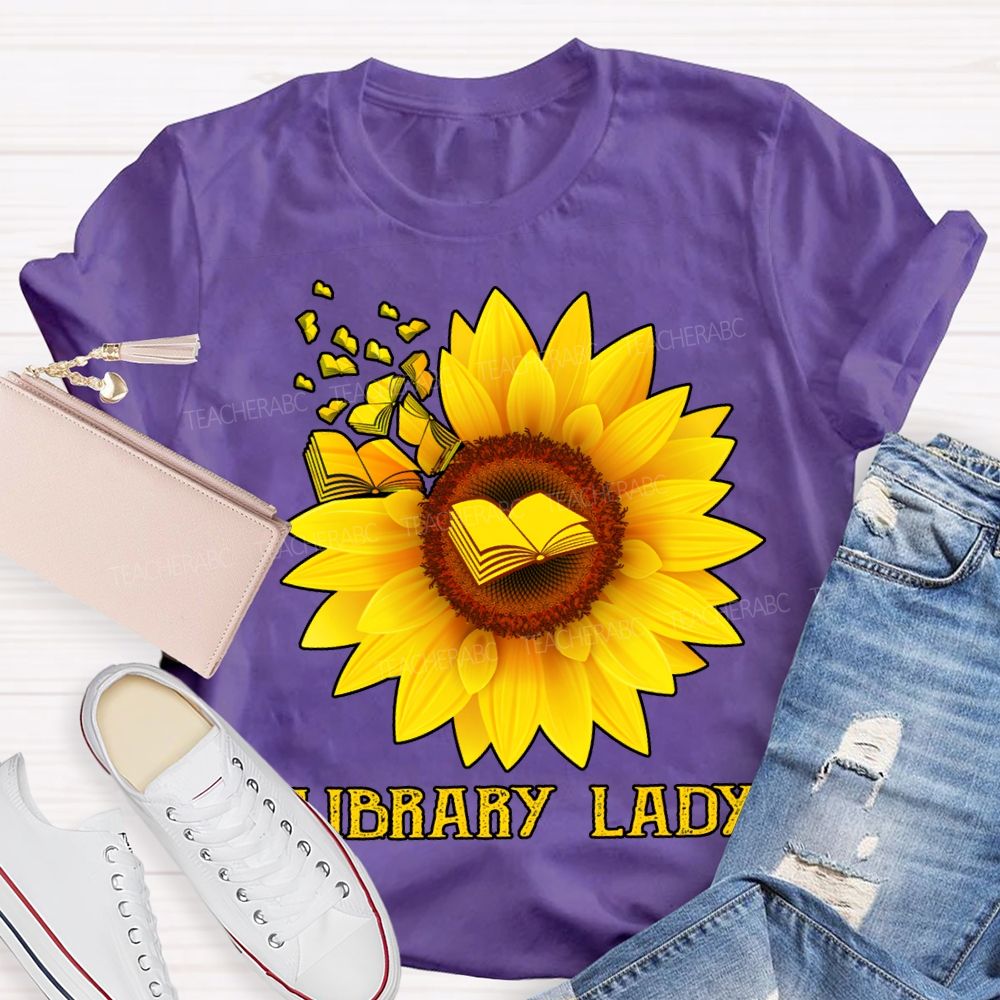 Library Lady Sunflower Print On Books T-shirt