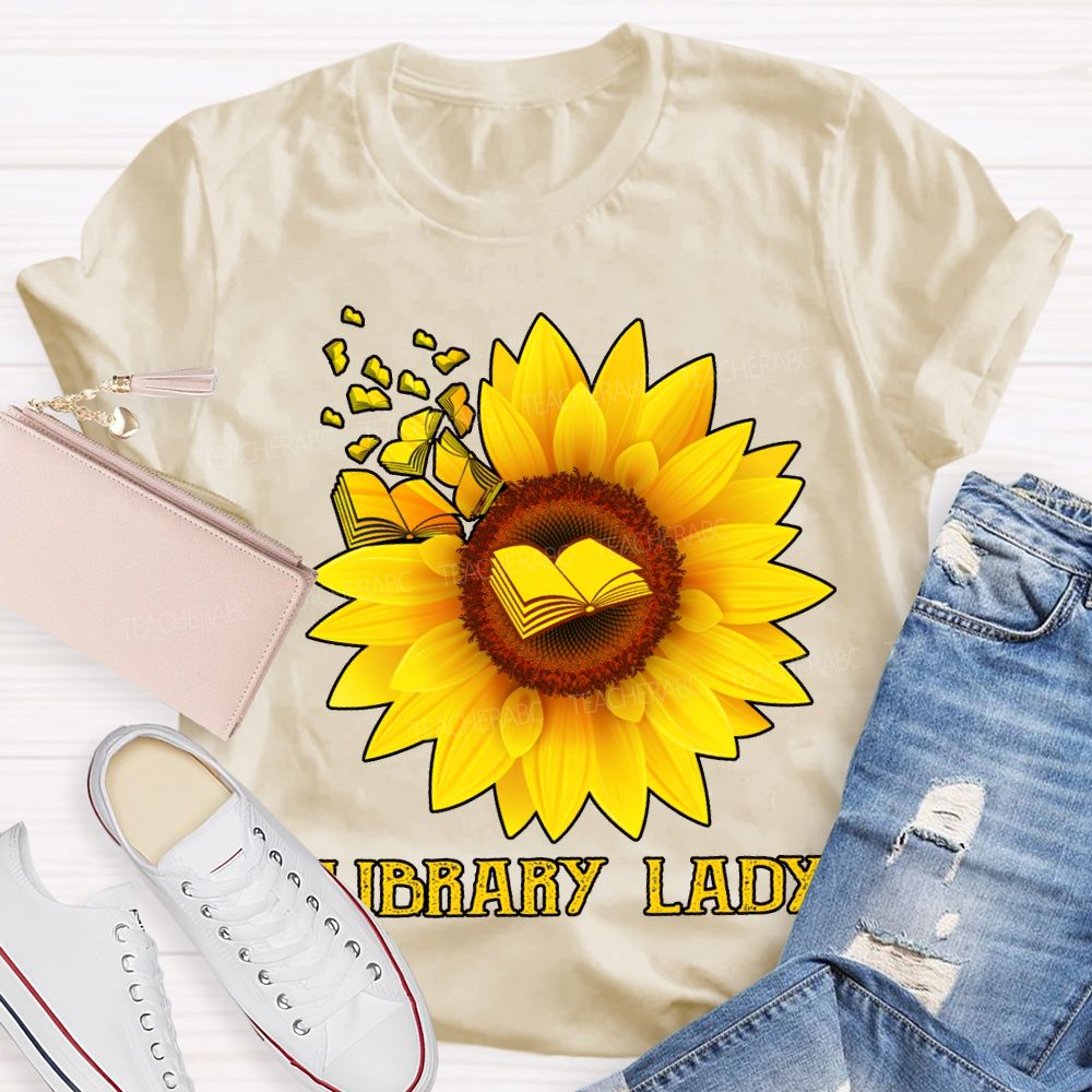 Library Lady Sunflower Print On Books T-shirt