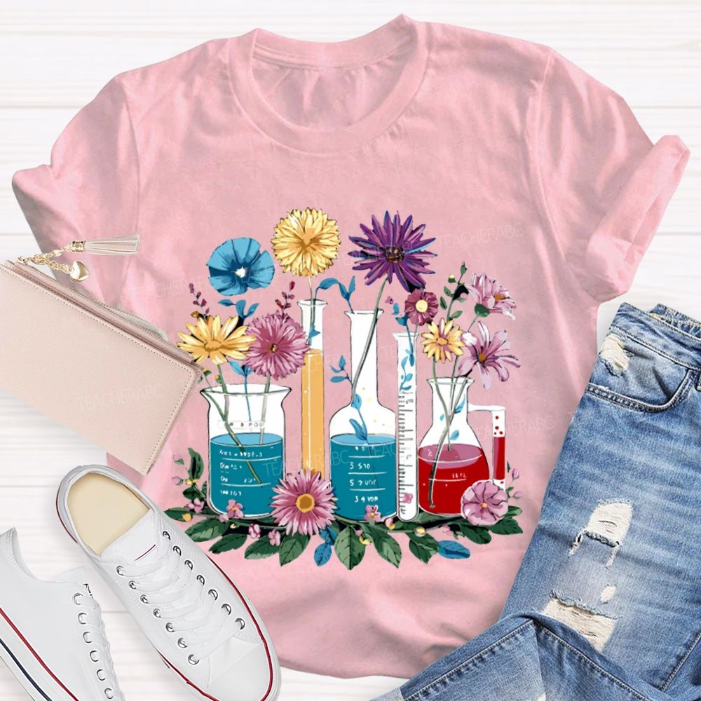 Colorful Flowers And Experimental Bottles Science Teacher T-shirt