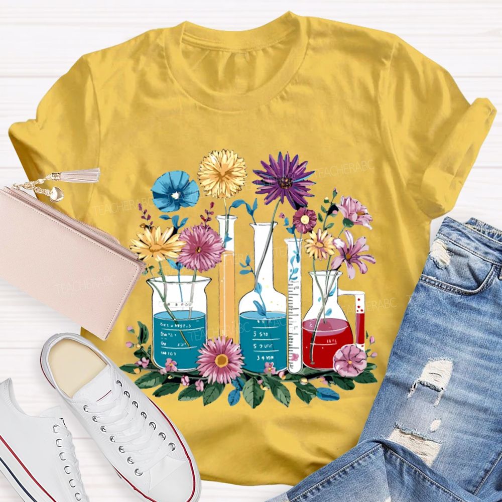 Colorful Flowers And Experimental Bottles Science Teacher T-shirt