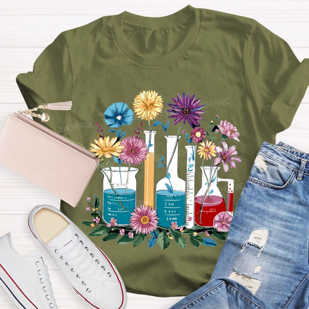 Colorful Flowers And Experimental Bottles Science Teacher T-shirt