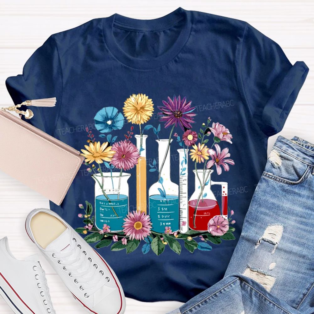 Colorful Flowers And Experimental Bottles Science Teacher T-shirt