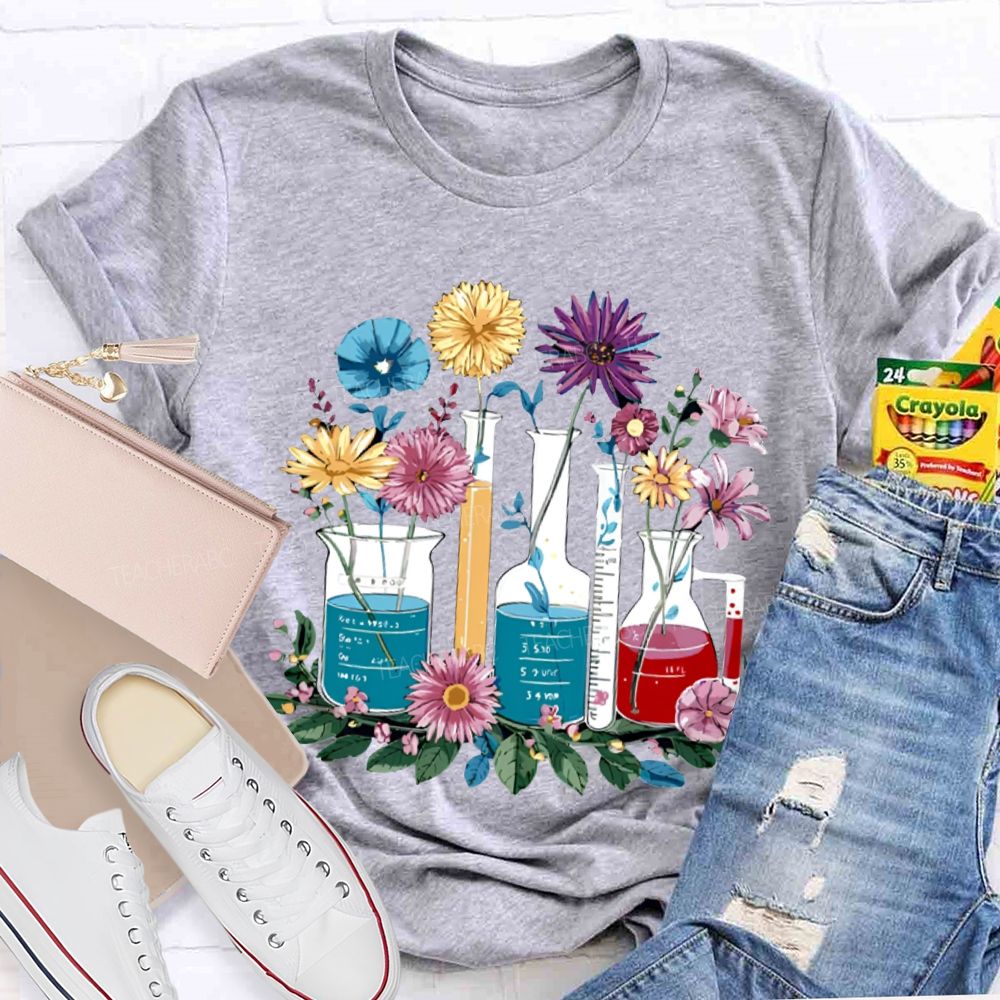 Colorful Flowers And Experimental Bottles Science Teacher T-shirt