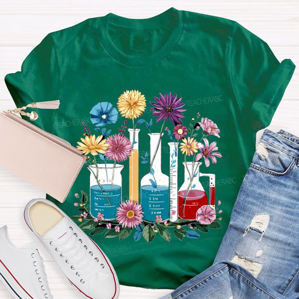 Colorful Flowers And Experimental Bottles Science Teacher T-shirt