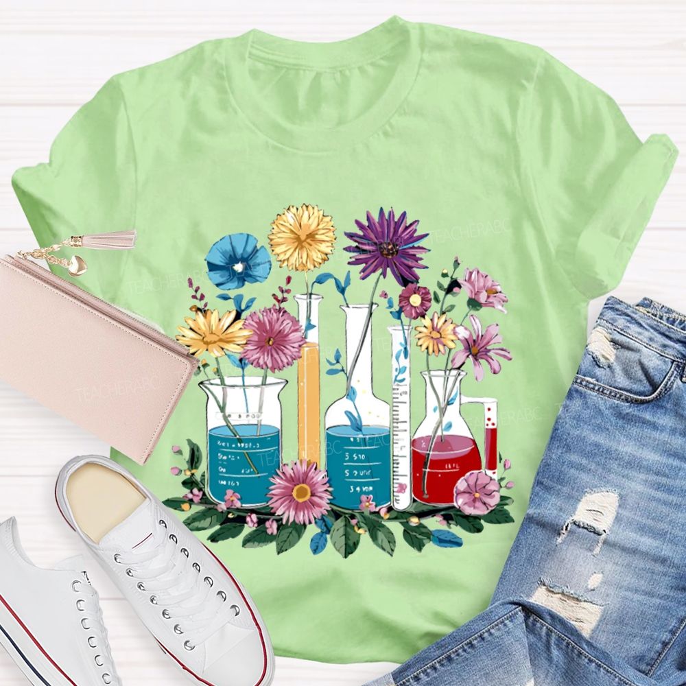 Colorful Flowers And Experimental Bottles Science Teacher T-shirt