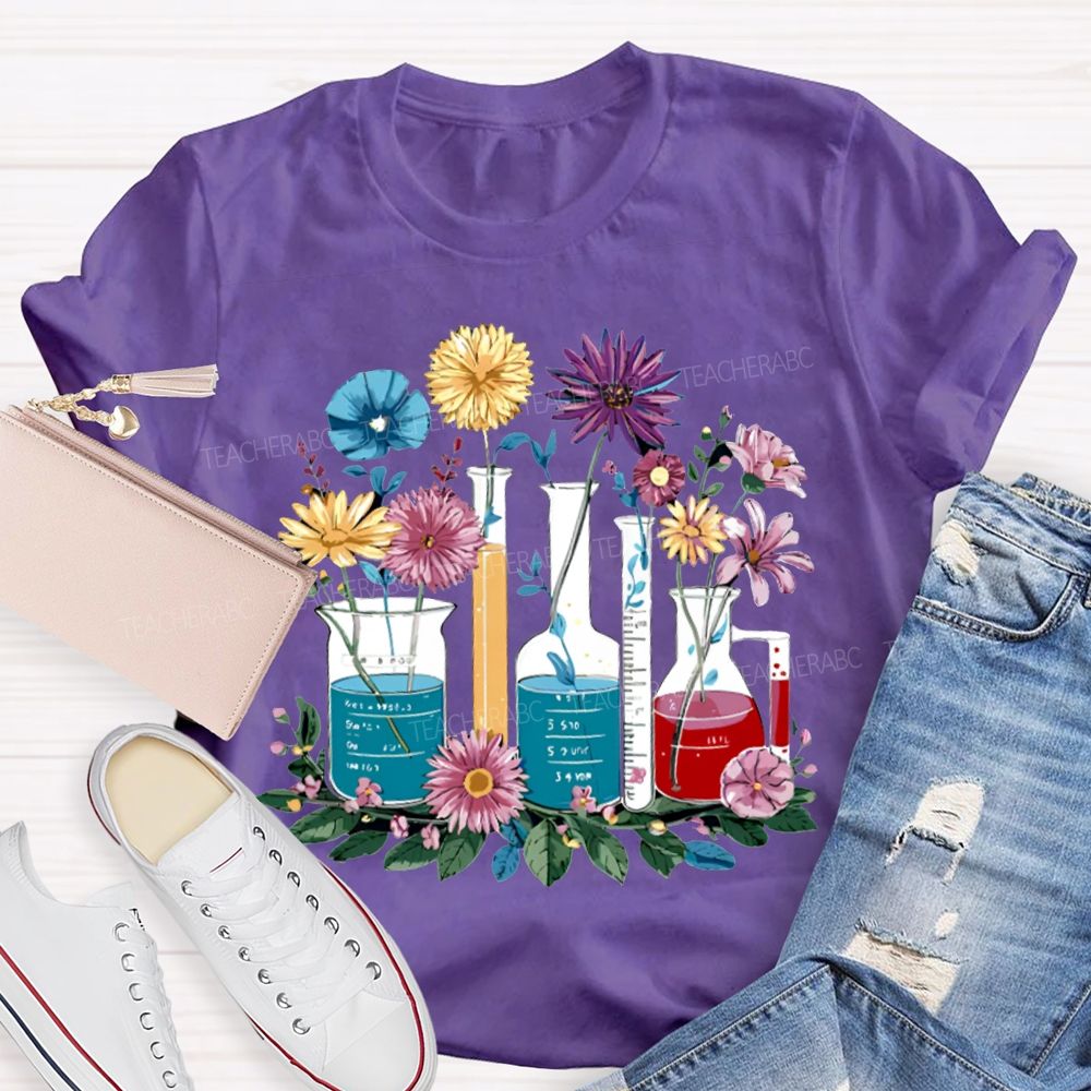 Colorful Flowers And Experimental Bottles Science Teacher T-shirt