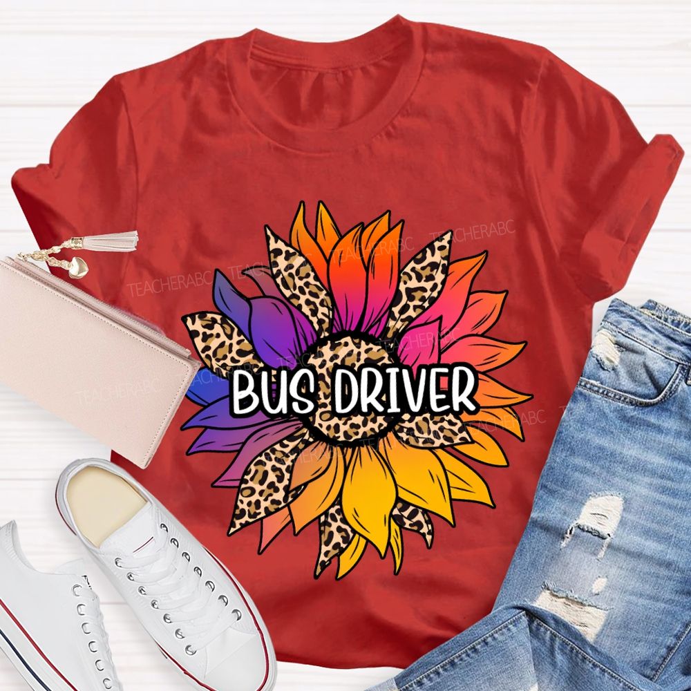 Bus Driver Colorful Leopard Print Sunflower Print T-shirt