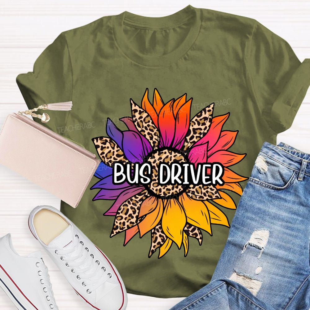 Bus Driver Colorful Leopard Print Sunflower Print T-shirt
