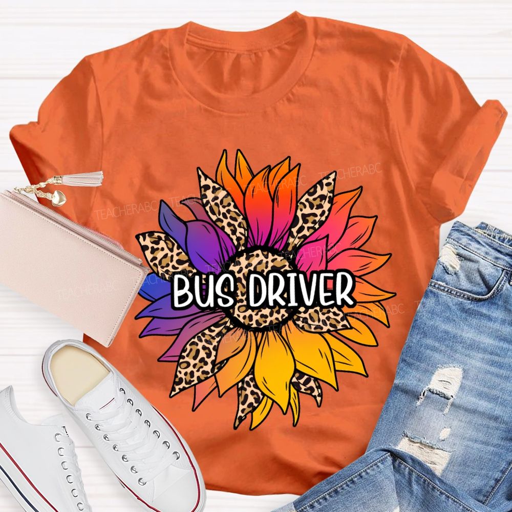 Bus Driver Colorful Leopard Print Sunflower Print T-shirt