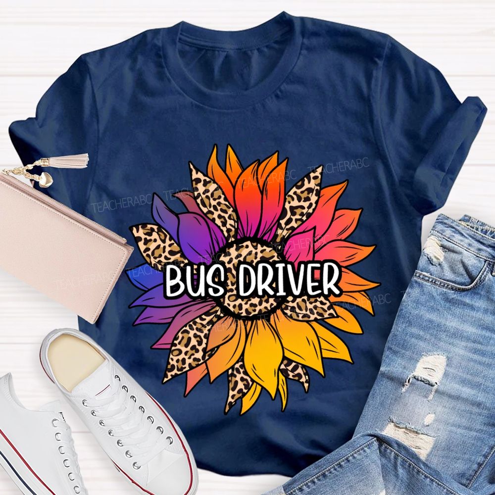 Bus Driver Colorful Leopard Print Sunflower Print T-shirt