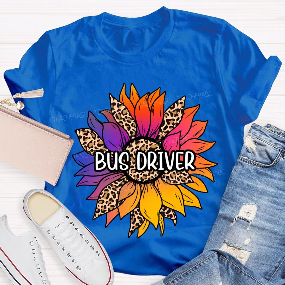 Bus Driver Colorful Leopard Print Sunflower Print T-shirt