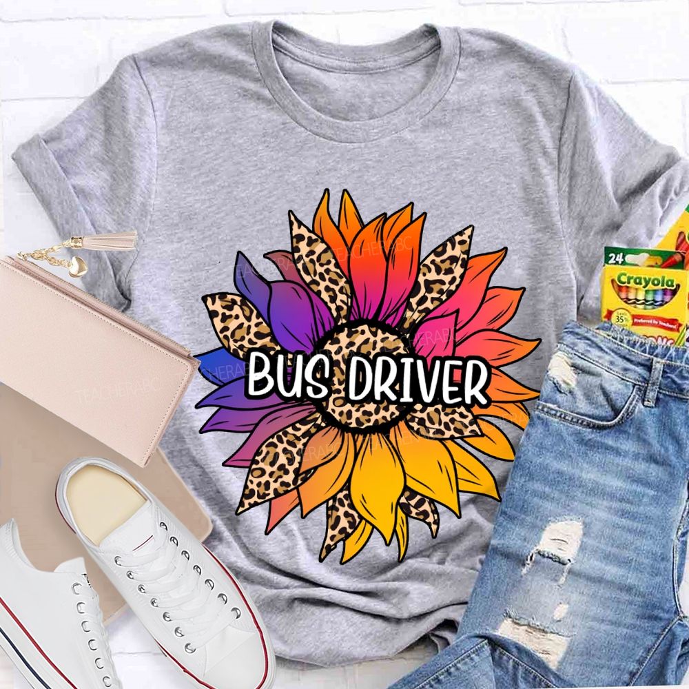 Bus Driver Colorful Leopard Print Sunflower Print T-shirt