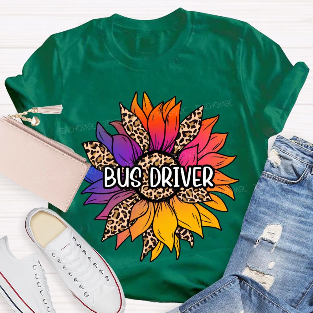 Bus Driver Colorful Leopard Print Sunflower Print T-shirt