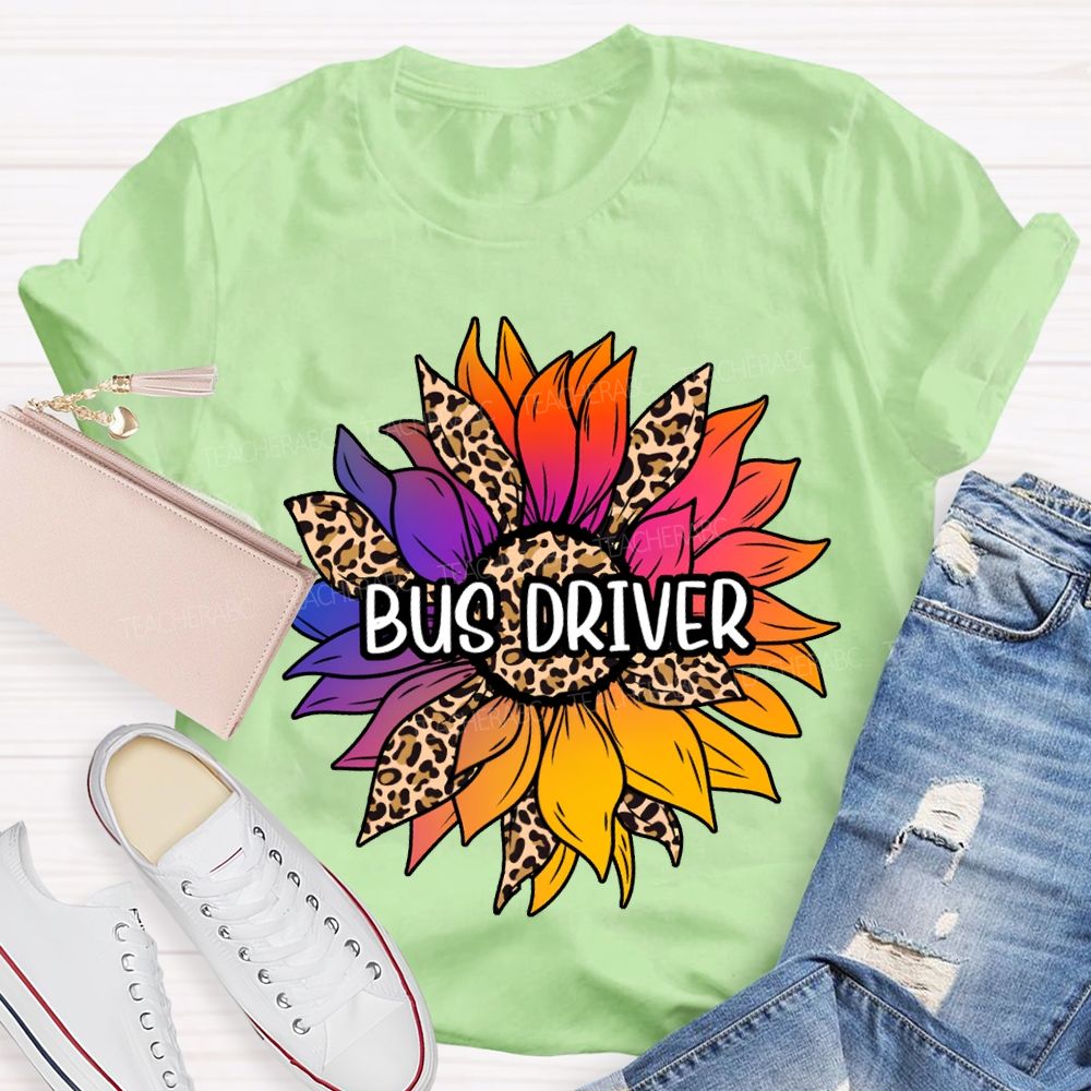 Bus Driver Colorful Leopard Print Sunflower Print T-shirt
