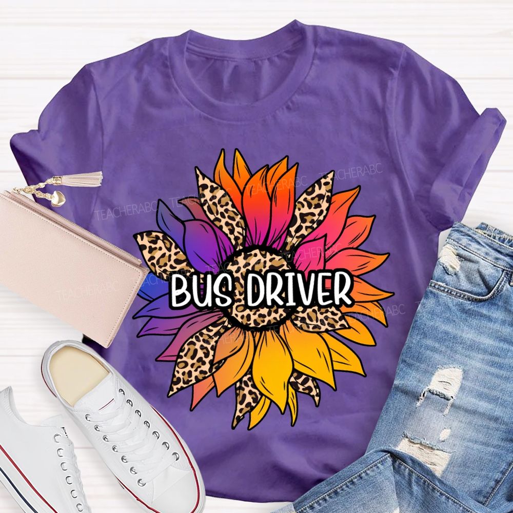 Bus Driver Colorful Leopard Print Sunflower Print T-shirt