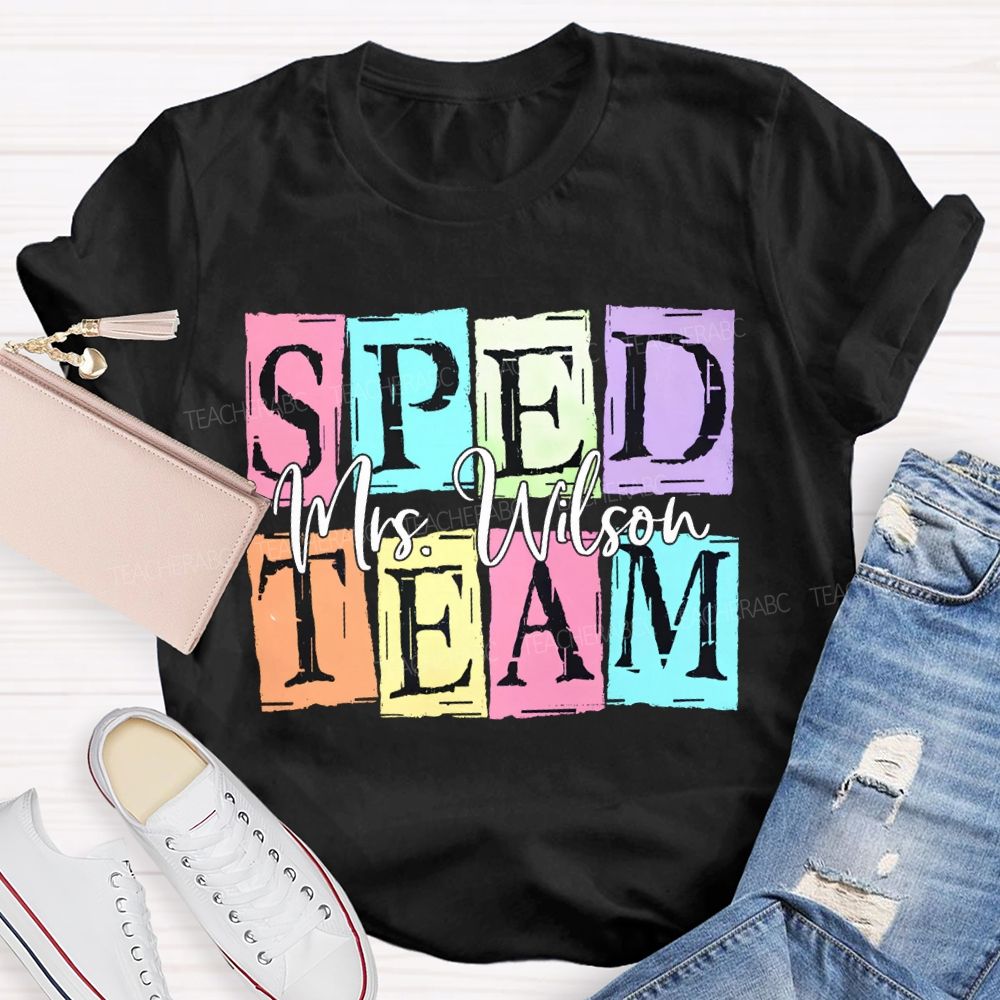Personalized Name Sped Team Color Patchwork Print T-shirt