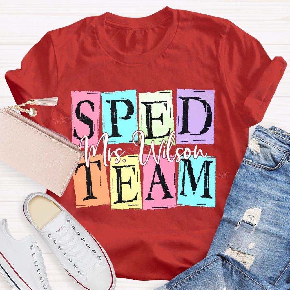 Personalized Name Sped Team Color Patchwork Print T-shirt