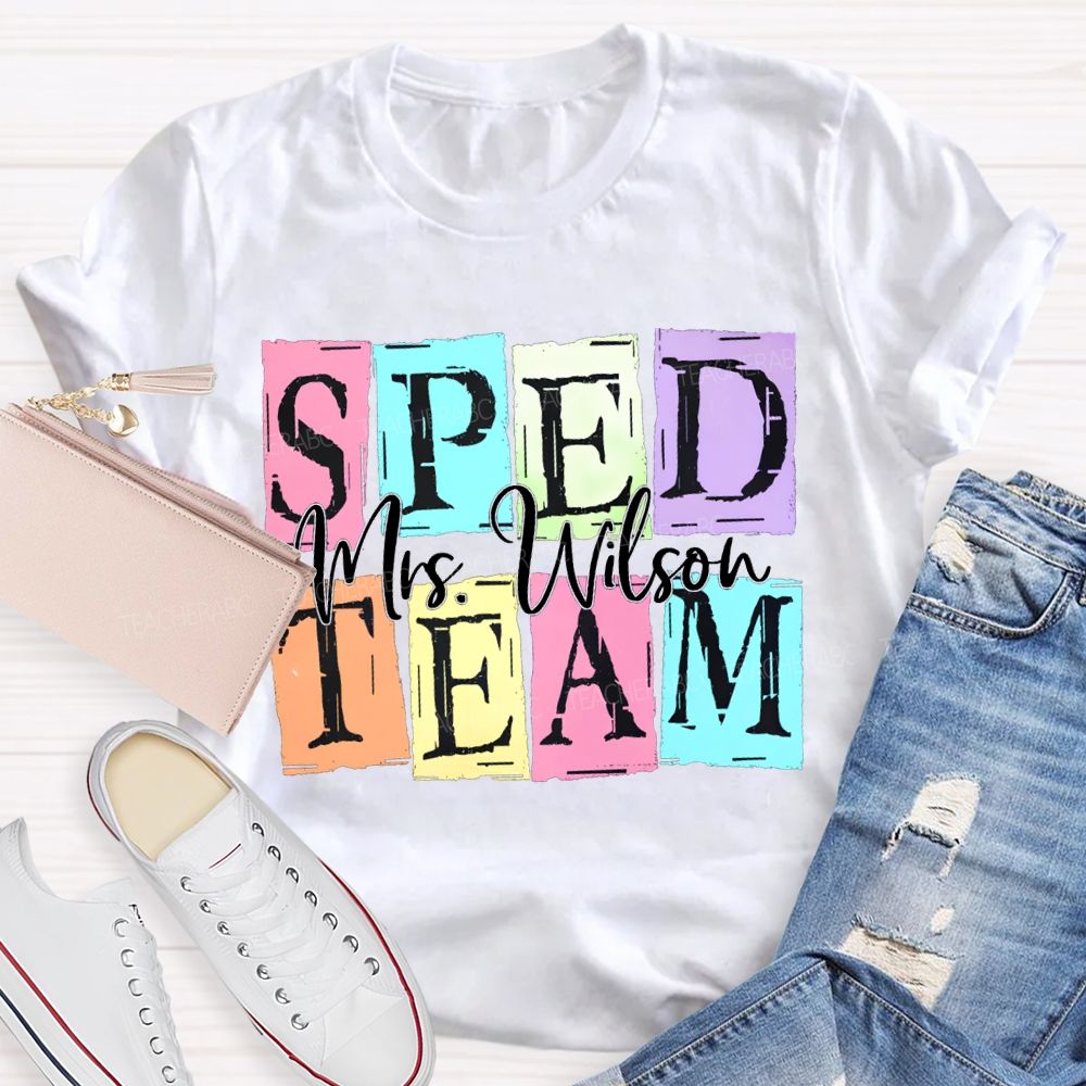 Personalized Name Sped Team Color Patchwork Print T-shirt