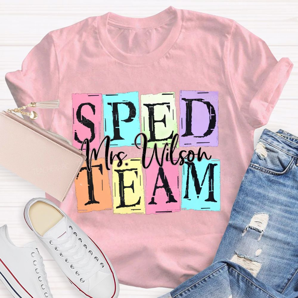 Personalized Name Sped Team Color Patchwork Print T-shirt
