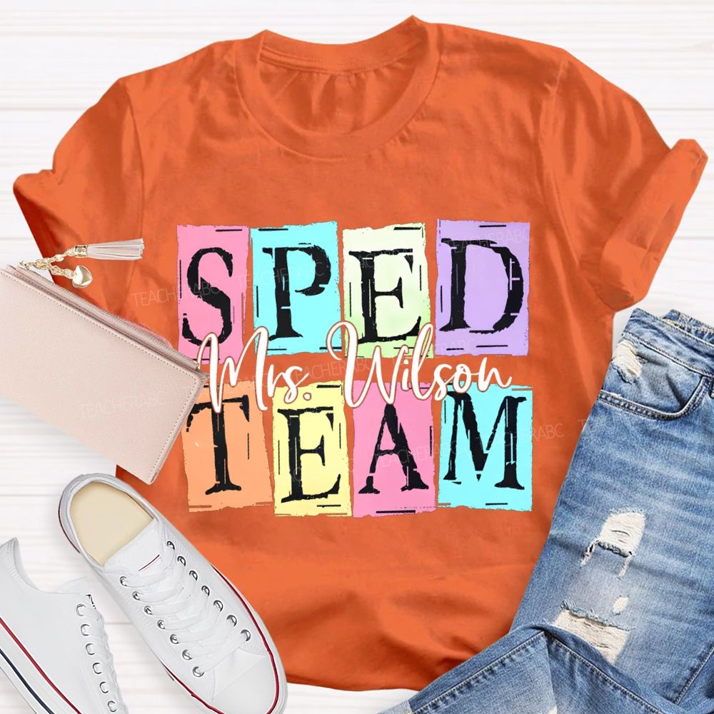 Personalized Name Sped Team Color Patchwork Print T-shirt